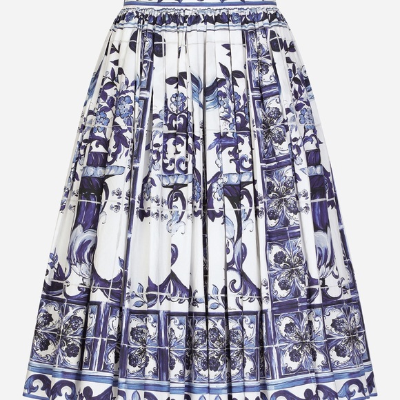 Dolce Gabbana Skirt + Crop Top Set Majolica Print & Pleated Poplin Midi Skirt - Picture 10 of 15